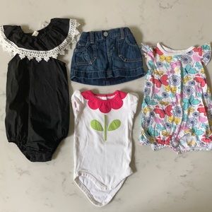 3-6 month onesies/rompers/jean skirt bundle